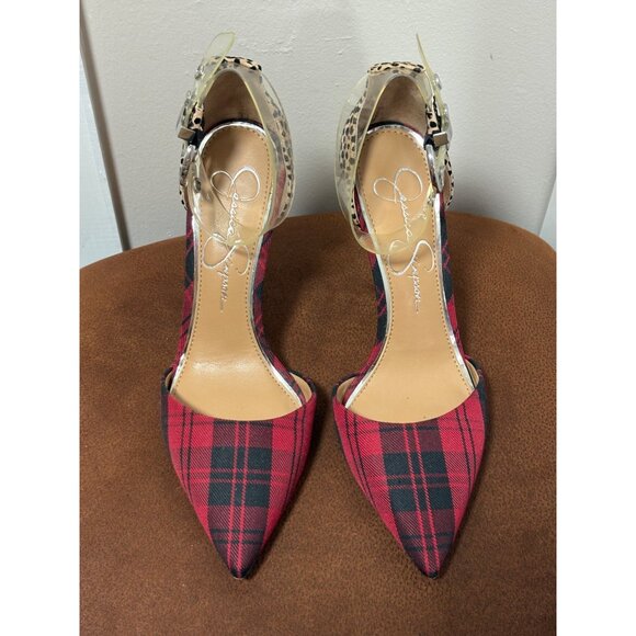 Jessica Simpson Women's Waldin Cheetah Plaid Pattern Heels US 6M 36.5 Red Black - Picture 2 of 7